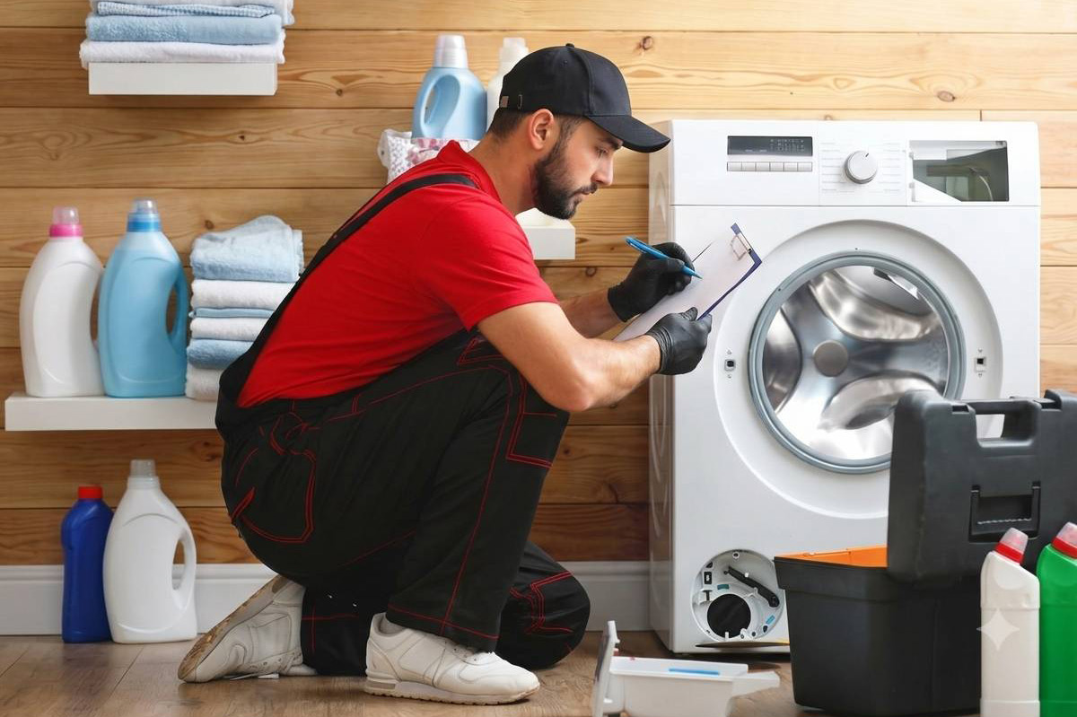 تکنسین در حال بررسی ماشین لباسشویی