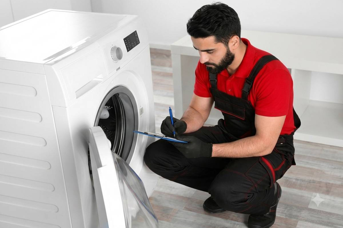 تکنسین در حال چک کردن ماشین لباسشویی